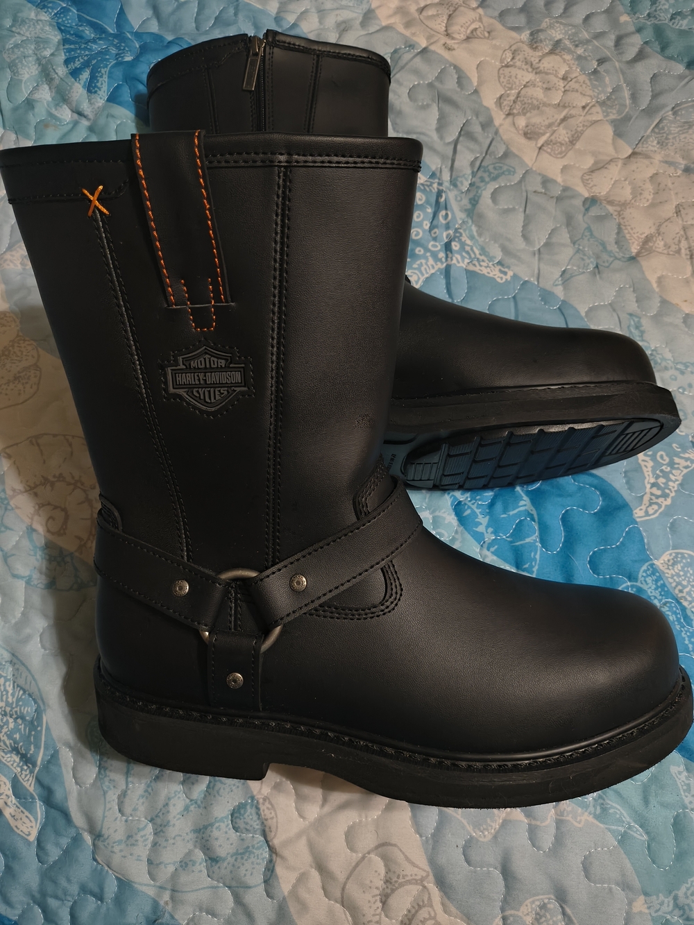 Harley-Davidson Black Leather Motorcycle Boots with Orange Stitching